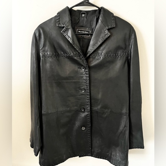 Vintage Mercedes Benz Collection Black Leather Coat Leather Stitching Women LG - Picture 2 of 15